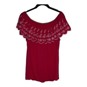 Adrianna Papell Pink Embroidered Off‎ Shoulder Flutter Sleeve Shirt Top Medium M